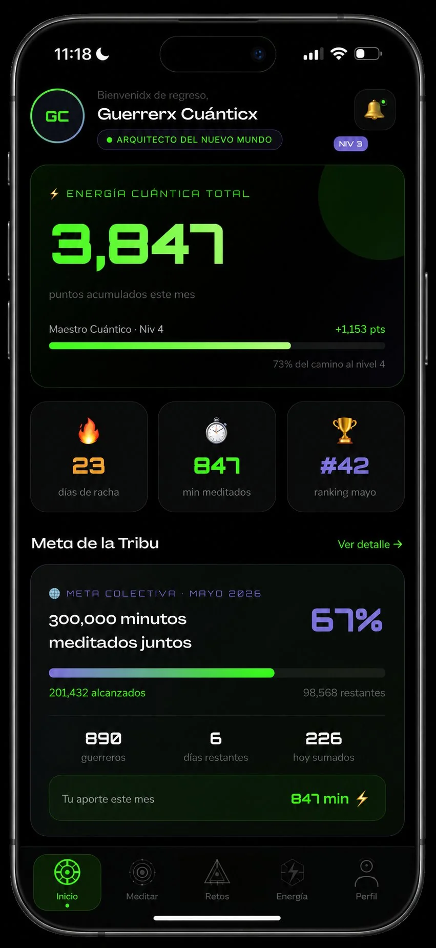 Pantalla de Energía Cuántica del app QUUM