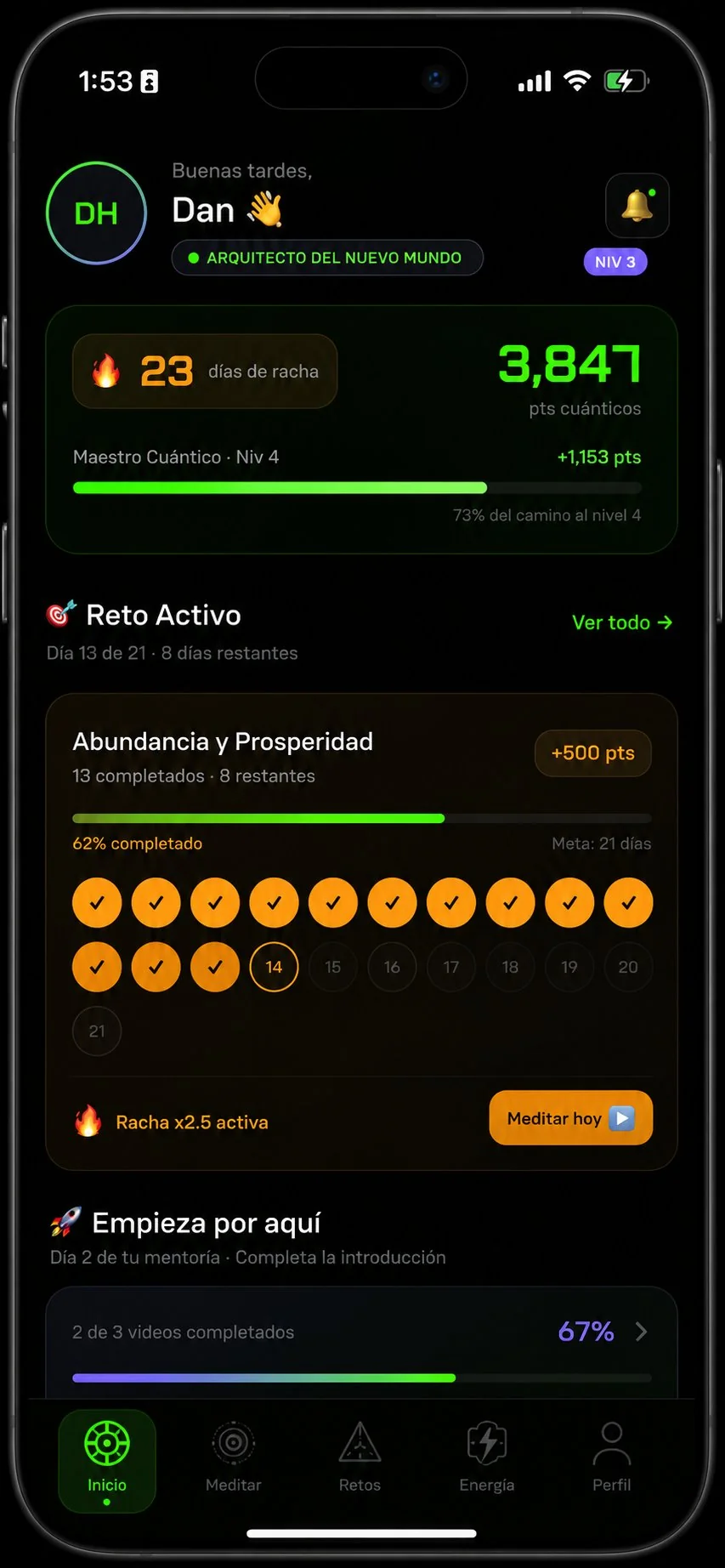 Pantalla de Inicio del app QUUM